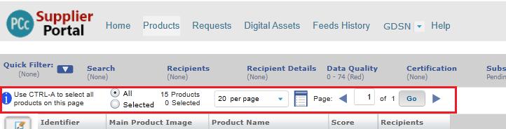 From left to right Use CTRL-A to select all products on the page. Use this function if you would like to select all products on the current page view for export or bulk edit.