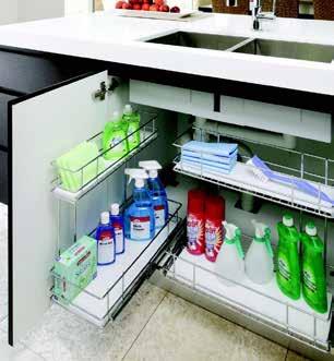 Stainless steel - Detergent pull out Twin rack storage space, top tray 100W, bottom tray 200W Suitable for side mount and bottom mount Full extension slides with built in spacer to clear hinge