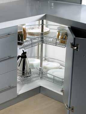 Stainless steel - Corner cabinet storage solutions Lazy susan 3/4 270º 2 x stainless steel trays, adjustable height 700mm diameter or 810 mm diameter Centre stop position Lifetime guarantee against