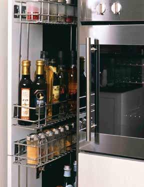 Stainless steel - Bottle & spice pull out Hinged door Minimum internal cabinet width 118mm Twin rack with multiple installation options to suit narrow cabinet Suitable for side and bottom mount