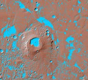 Considering that lava spreads like water on Mars surface, the resulting lakes and rivers are colored red to simulate
