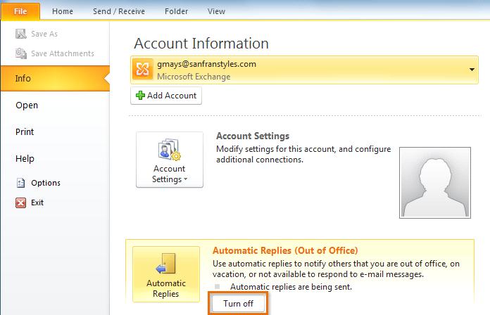 Turning off automatic replies You will not be able to use this feature without a Microsoft Exchange Account, which is typically only used in the workplace.