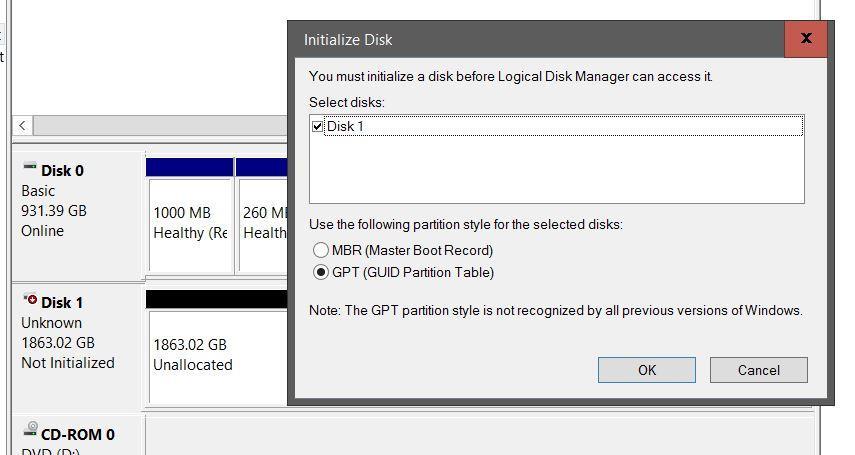 Figure 2: Initializing the Secure Drive disk (shown here as Disk 1). 7. Make sure GPT is selected and then click OK.