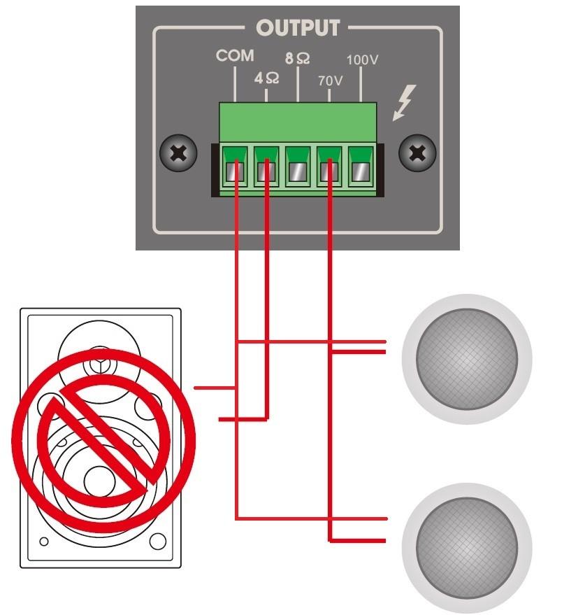70/100V terminal. Connect the negative side (-) to COM terminal. Ilustration 6: High Impedance speaker connection 70/100V 5.