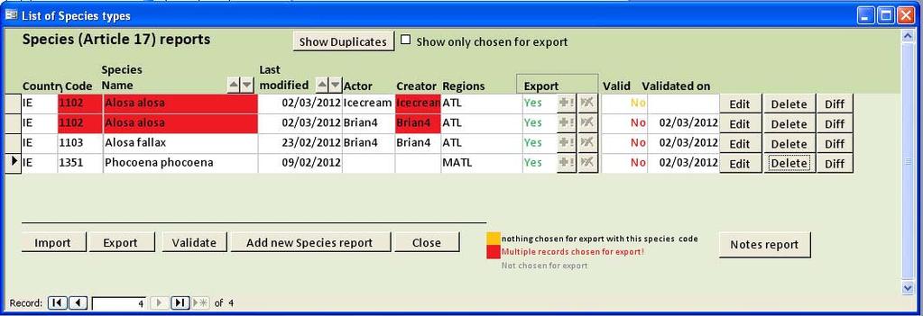 Species report Window (Example from Article 17) In the Species report window you are able to manage your reports, edit your reports, add reports, check who created a report etc.