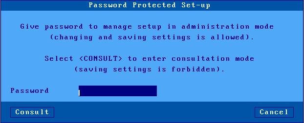 a) Setting the Password Select the [Configuration]-[Terminal]-[Password] dialog box to set, change or delete the set-up password: Enter the following parameters: - Enter a new