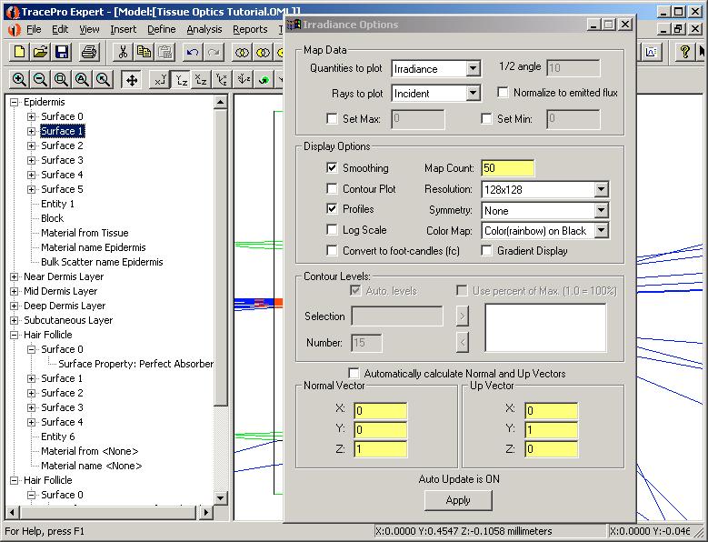 Irradiance Options To view irradiance on a surface we must first set the options to view an irradiance map. Select Analysis Irradiance/Illumi nance Options to open the Irradiance Options dialog box.