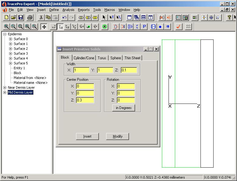 Next, we will insert the Mid Dermis Layer. In the Insert Primitive Solid dialog box enter the Widths, and Center Position as shown in the dialog box at right. Click Insert to create this object.