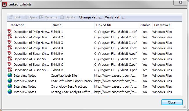 34 TextMap Managing Links to Cases Changing exhibit file paths Linked exhibits and other case files should be stored in a network folder so other case users can access them.