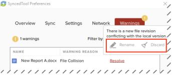 3. In the Warnings tab, click the Resolve link to learn more about the collision. a. Click the Rename button to rename your copy to include the term collision appended to the end.