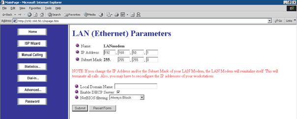 Figure B: On LAN Parameters page,