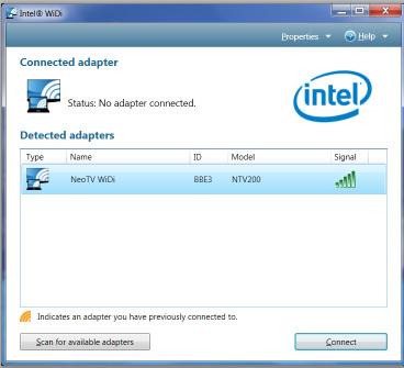 3. Use the Intel WiDi software to scan and find the NeoTV WiDi adapter. 4. Double-click the detected NeoTV to connect to it.