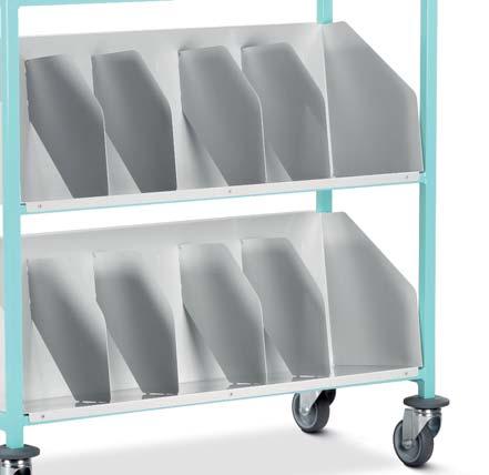 Medical Records Trolleys - Tiered Suitable for use with (see below for fi ling capacity) Case note fi les Ring binders Lever arch fi les Available with Open front Hinged door/s fi tted with an