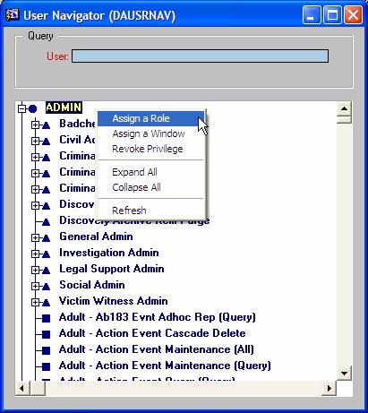 DAMION Discovery Application Administration Reference Guide Refresh: Executes the query again, refreshing the view Role Navigator Window The Role Navigator window is used to build roles and therefore