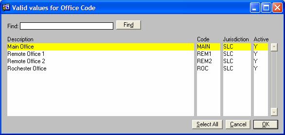 Chapter 2: System Security 6. Select the appropriate office code(s) to which the user should have access privileges a. Click to highlight the appropriate office code, and then click on the OK button.