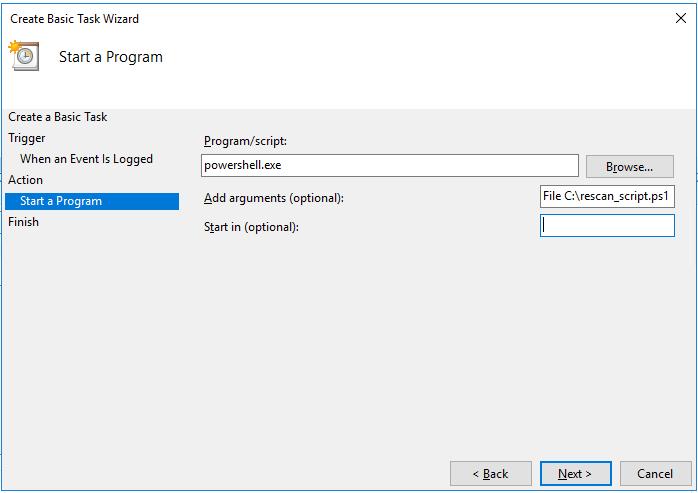 37. Select the Start a Program option as the action the task should perform and click Next. 38. Type powershell.exe in the Program/script field.