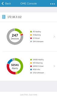 Figure 6. OME dashboard indicates the number of devices or alerts that are critical. indicates the number of devices or alerts that are with warning status.
