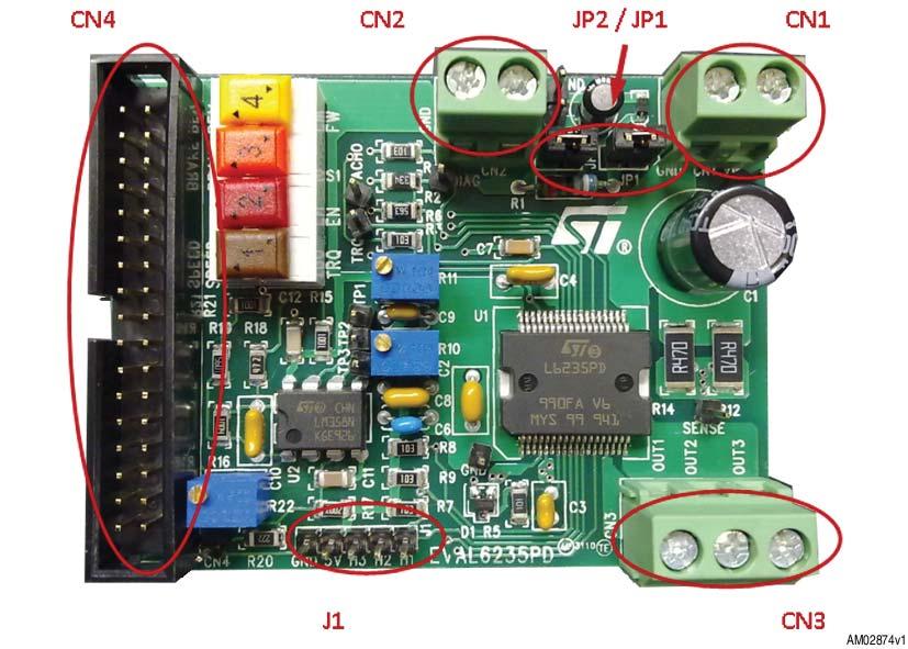Board description EVAL6235PD 1 Board description The EVAL6235PD provides external connectors for the supply voltage, an external 5 V reference for the logic inputs, three outputs for the motor and a