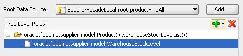 Using Trees to Display Master-Detail Objects Figure 5 6 Master-Detail Tree Level Rules For example, if you specified ProductFindAll as the master root data source, WarehouseStockLevelList will
