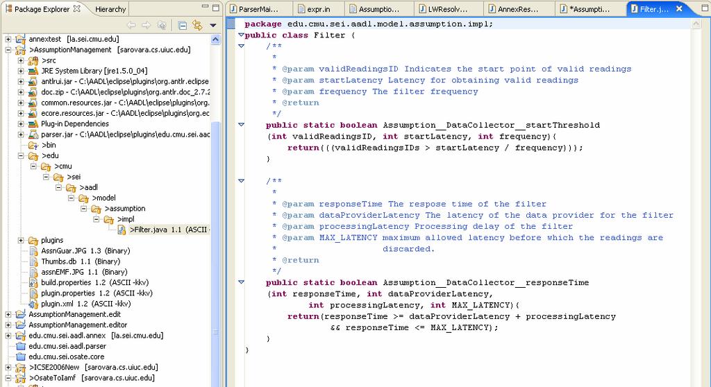 Java code generation for assumptions Current implementation of the parser generates Java code to check the assumptions.