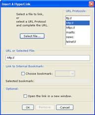 Insert and Remove a Hyperlink 1. Select some text. 2. Choose Insert/Hyperlink (or right-click and choose Hyperlink). 3. Within the URL or Selected File box, use Ctrl+V to paste your URL. 4.