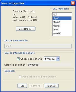 Link to a Bookmark 1. Select some text. 2. Choose Insert/Hyperlink (or right-click and choose Hyperlink.) 3. Select Choose Bookmark. 4. From the dropdown menu, select your bookmark (see below). 5.