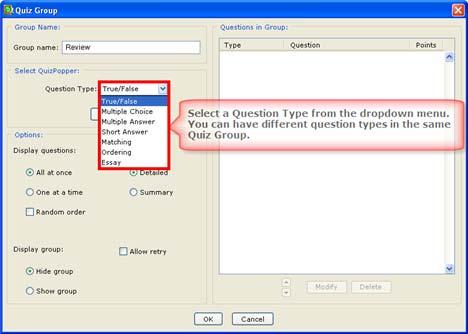 2. Select a Question Type (see below). IMPORTANT: Notice that the dropdown menu beside Question Type allows you to select the type of QuizPopper that you want.