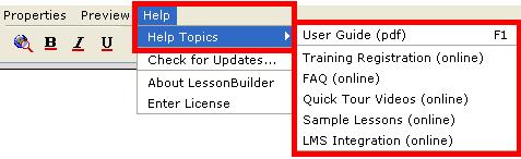 Help Topics and Resources on the SoftChalk Website IMPORTANT: The items below under Help Topics can be accessed within LessonBuilder. On your top menu bar choose Help/Help Topics (see below).