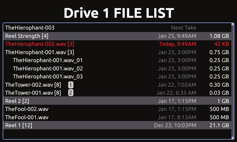 File List Press FILES (keyboard: F2) to display a list of all of the recorded takes (File List). Takes are arranged chronologically and grouped by Reel. Turn the Control knob to highlight an item.