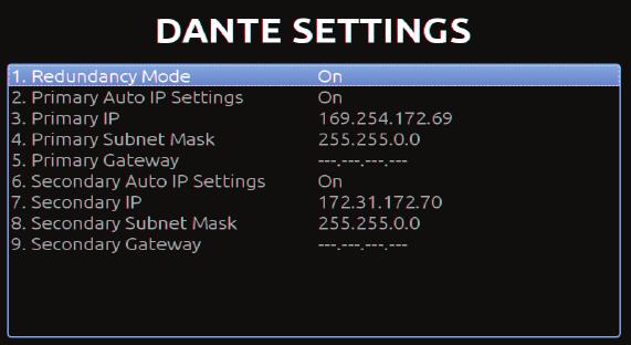 4. After making any changes to a Dante setting, Dante Reboot appears at the bottom.
