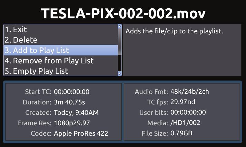 Play List Files can be added to a Play List to be played back in a specific order. Play List functions are accessed from the File Detail view of any file.