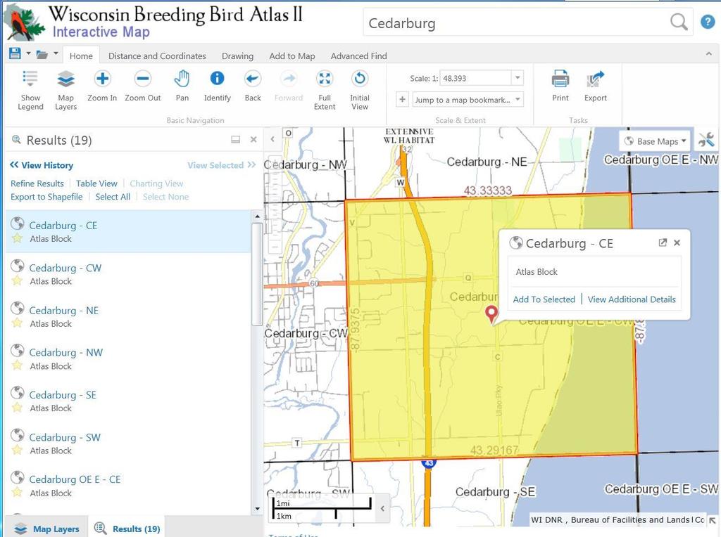 Example map zoomed into the Cedarburg CE atlas block. Click on the x in the popup box to remove the highlight and view the underlying map features.
