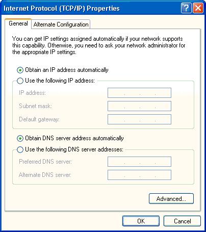 For Windows XP On the IP Address tab, select Obtain an IP address