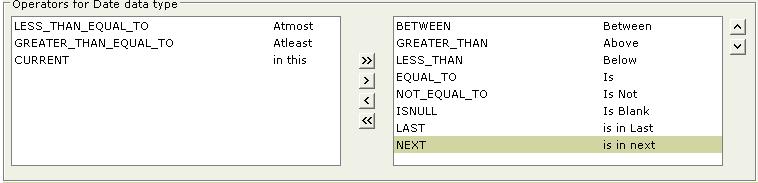 Figure 11: Filter Operators for date data type After shifting the required operators to the selected list (list on the right), double-click the entry on the right to open it for edit.