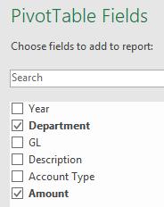 If necessary, click inside the PivotTable diagram that appears. Doing so will display a Pivot Table Fields dialog box listing each column heading from the data source as a separate field.