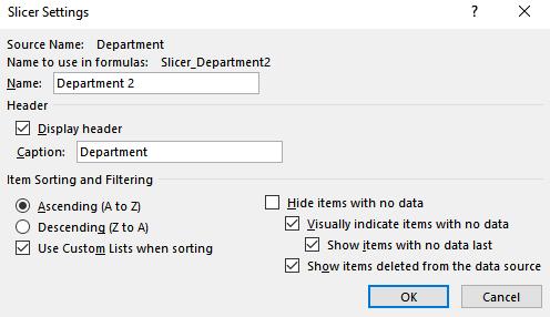 4. Click OK to close the Slicer Settings dialog. No changes were made. 5. With the Slicer still selected, click the button labeled Report Connections on the Slicer Tools Option Ribbon. 6.