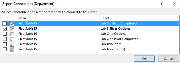 Observe that Slicer selection changes on the Lab 3 Slicer Optional tab also changes the Pivot Table contents (and related Slicer) on the Lab 2-3 Pivot Completed worksheet tab! 8.