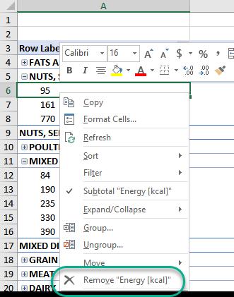 4. Double-click the grouped label in Cell A5 and observe the popup dialog box: 5. Select the Energy (kcal) item and click OK.