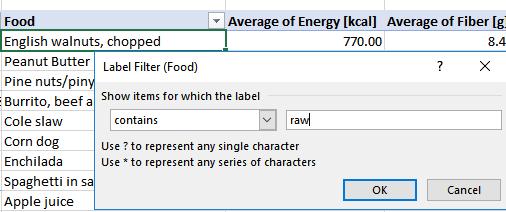 6. Add a filter to the Pivot Table to further limit the individual foods in Column B to those where the word raw appears. a. Right click Cell B4 b.