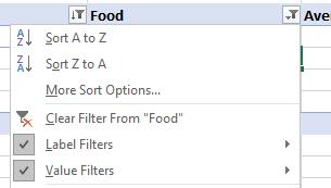 8. To see whether Value and/or Label filters have been set on any given field: a. Right mouse click the group label field: i.e. Cell B3 b. Observe checkmarks to the left of the filter types 9.
