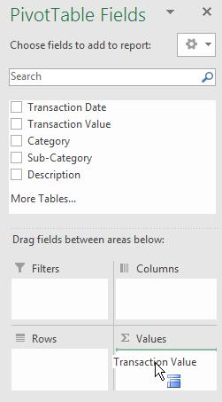 This Pivot Table is empty, but you can now fill the Row Labels, Column Labels, and Values boxes on the right side of the screen to build your Pivot Table.