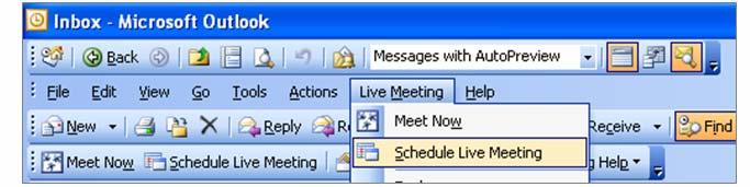 To Meet Now without sharing a document: 1. Click Live Meeting on the menu bar. 2. Select Meet Now, and then click Meet Now without This Document. The Live Meeting console opens.