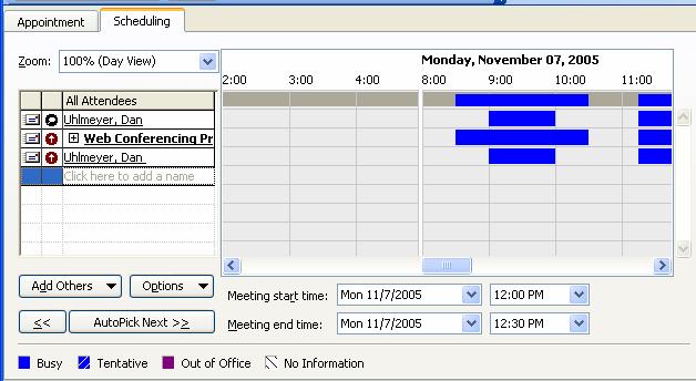 5. To check the availability of meeting participants if you have not done so already, on the Scheduling tab find a time when all participants are available, and then click that