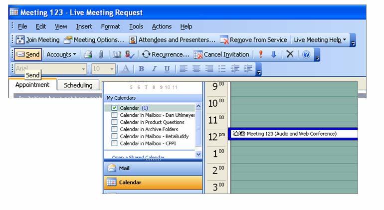 In the Outlook Calendar, double-click the meeting to open the request form. 2. On the Live Meeting toolbar, click Make this a Live Meeting. 3.