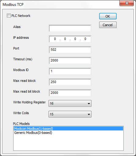 Protocol Editor Settings Tech-note Add (+) a new driver in the Protocol editor and select the protocol called Modbus TCP from the list of available protocols.