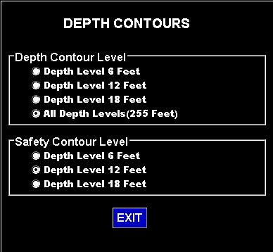 SETUP DEPTH LEVEL SETUP DEPTH LEVEL SETUP will display the options for how to draw the mapped depth contours of the various waterways. Highlight the DEPTH LEVEL SETUP and press the ENTER button.