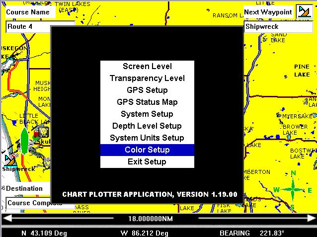 SETUP SYSTEM UNITS SETUP COLOR SETUP will enable the operator to change the color settings on most menu options.