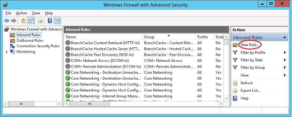 Figure 16: Windows Firewall with Advanced Security 4. In the left pane, click Inbound Rules. The Inbound Rules pane appears.