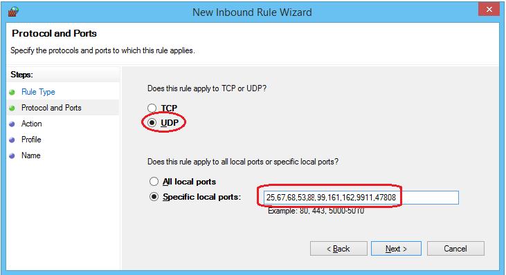 12. Repeat Step 5 through Step 11 to add a new inbound rule for the UDP protocol.