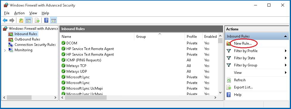 Figure 28: Windows Firewall with Advanced Security 4. In the left pane, click Inbound Rules. The Inbound Rules pane appears.